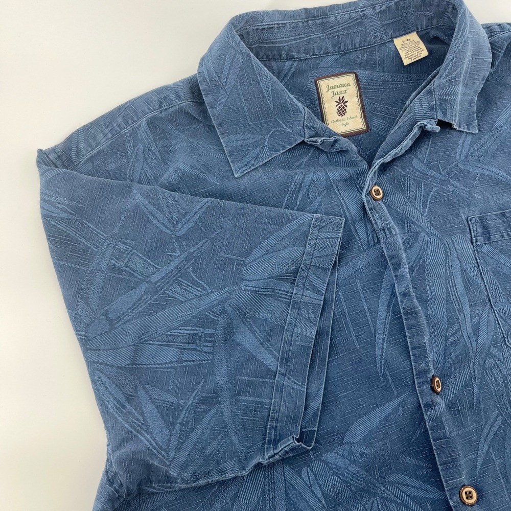 Jamaica Jaxx Mens Large Blue 100% Silk Jacquard Tropical Camp Shirt Short Sleeve